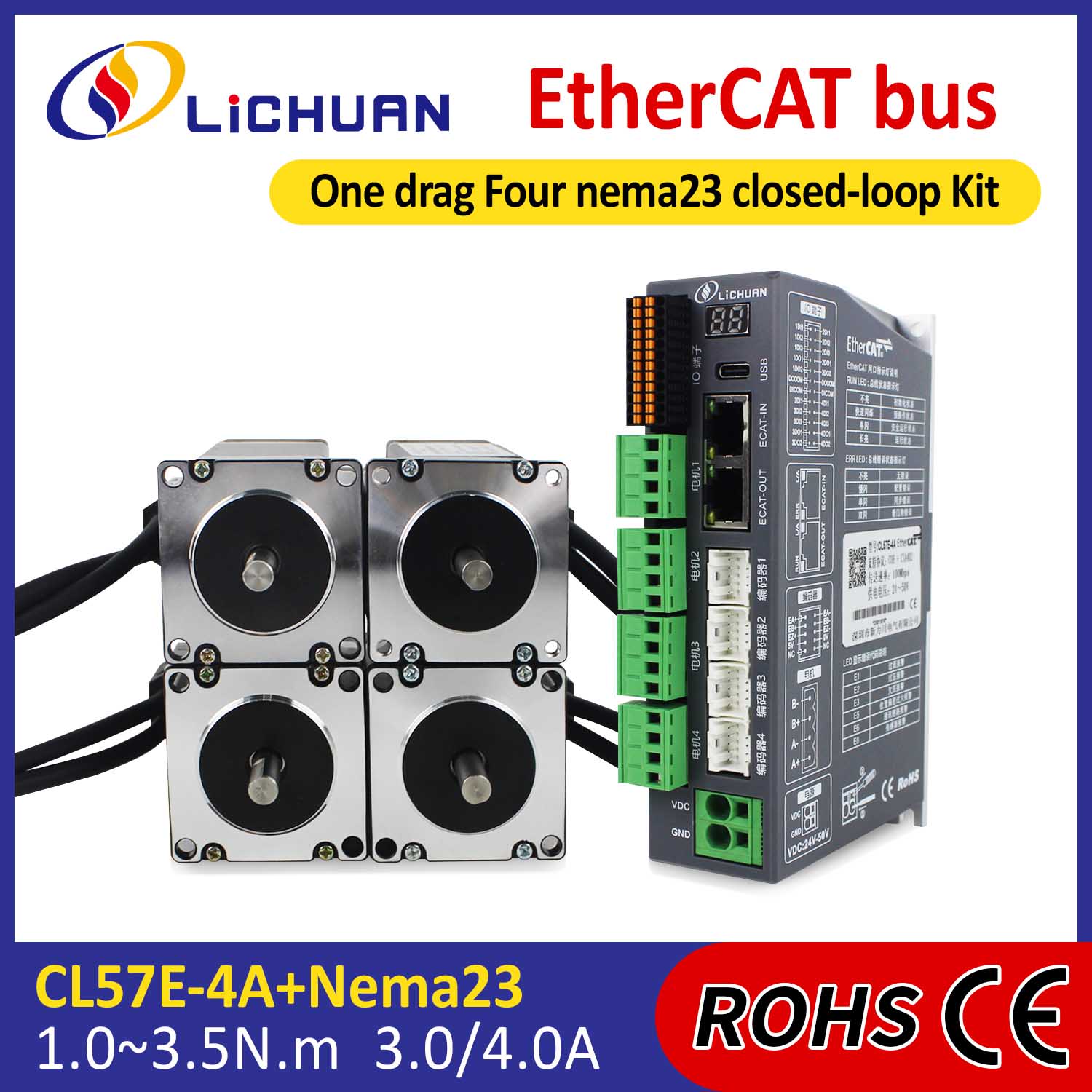 Kit de controladores de motor paso a paso de bucle cerrado EtherCAT 2Phase Nema23 de 4 ejes CC