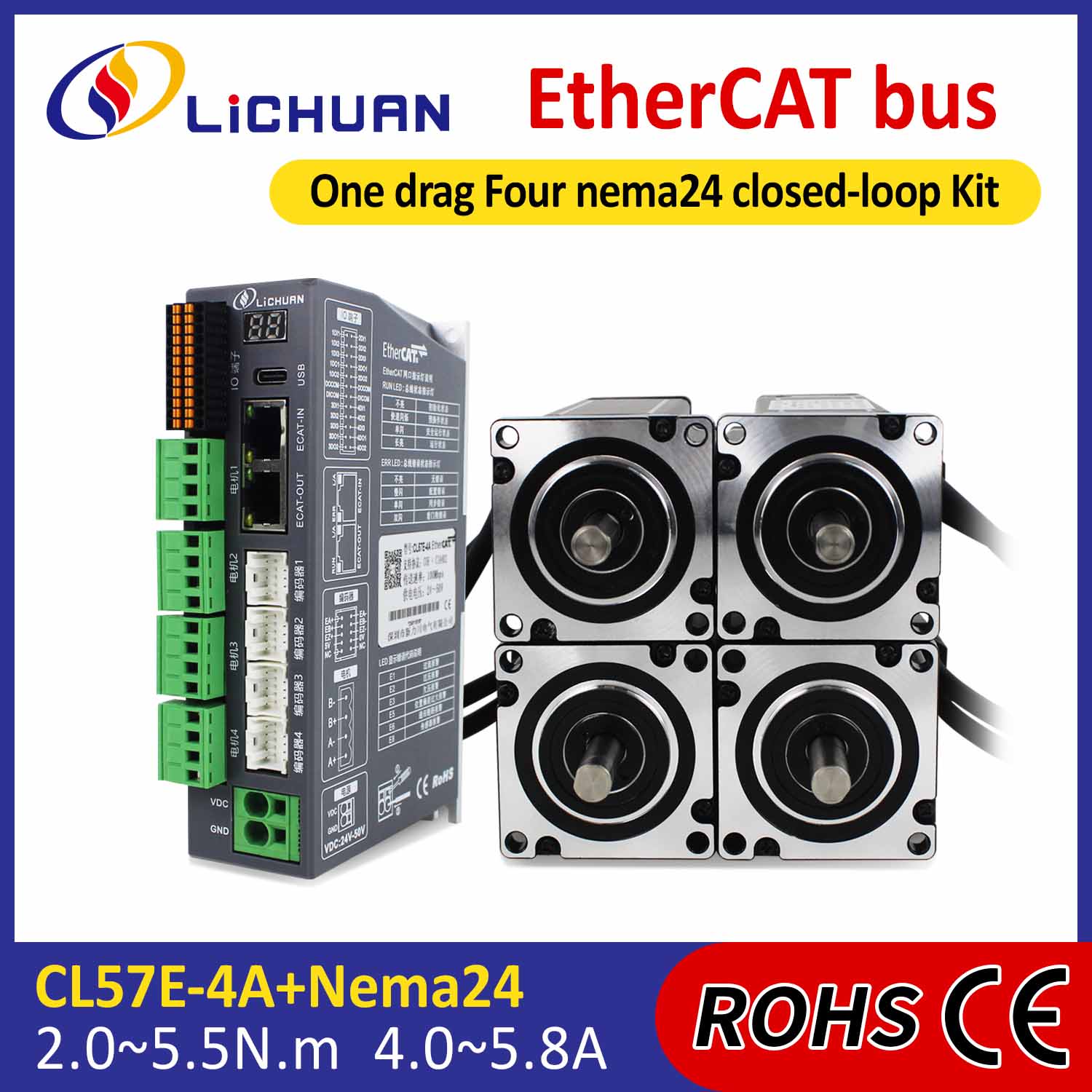 Kit de controladores de motor paso a paso de bucle cerrado EtherCAT 2Phase Nema24 de 4 ejes CC