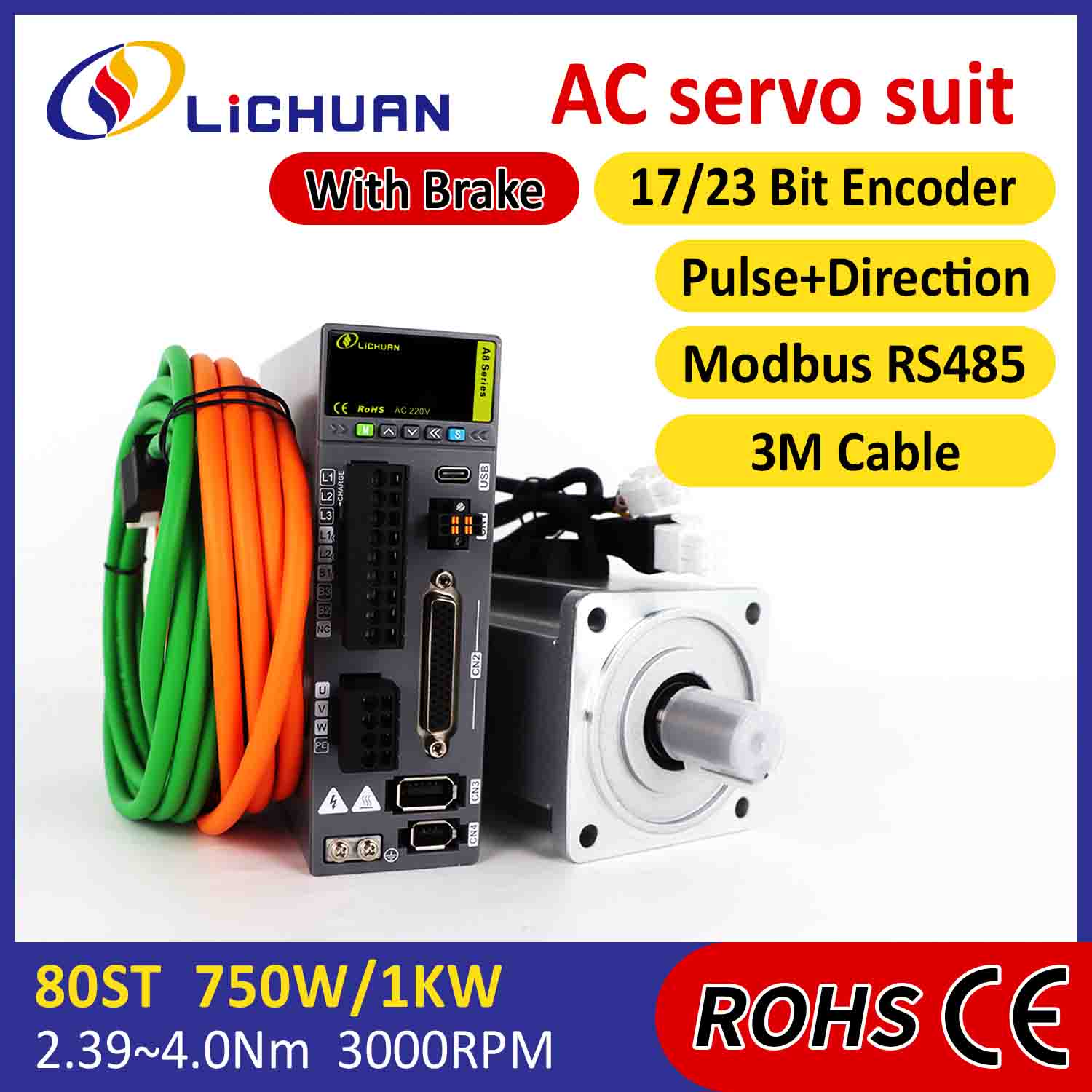 Lichuan AC Servo Motor Drivers Kit A8 Alta Precisión STO ABZ 1000W 1KW 3.2N.m 220V 5.8A 2500/3000RPM IP65