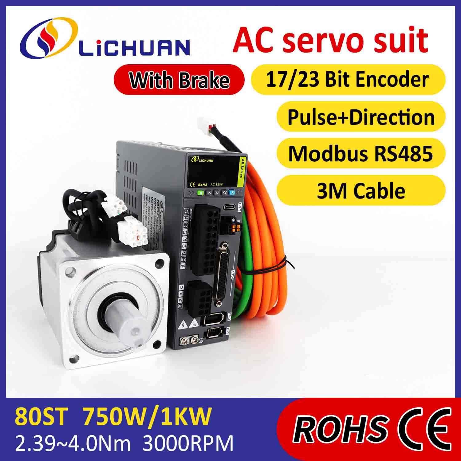 Lichuan AC Servo Motor Drivers Kit A8 Alta Precisión STO ABZ 1001W 1KW 4.0N.m 220V 4.6A 2500/3000RPM IP65
