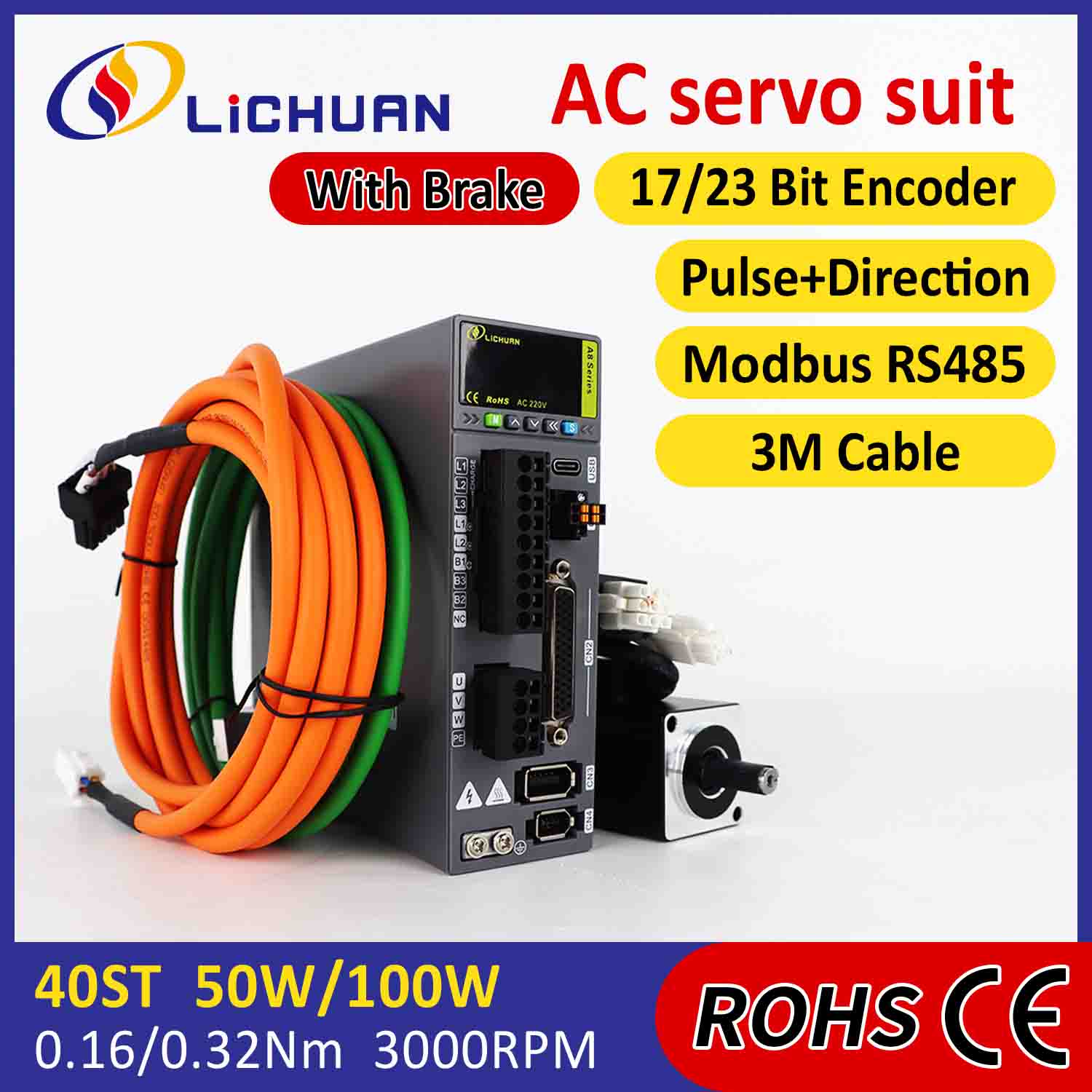 Lichuan AC Servo Motor Drivers Kit A8 Alta Precisión STO ABZ 100W 0.32N.m 220V 1.1A 3000RPM IP65