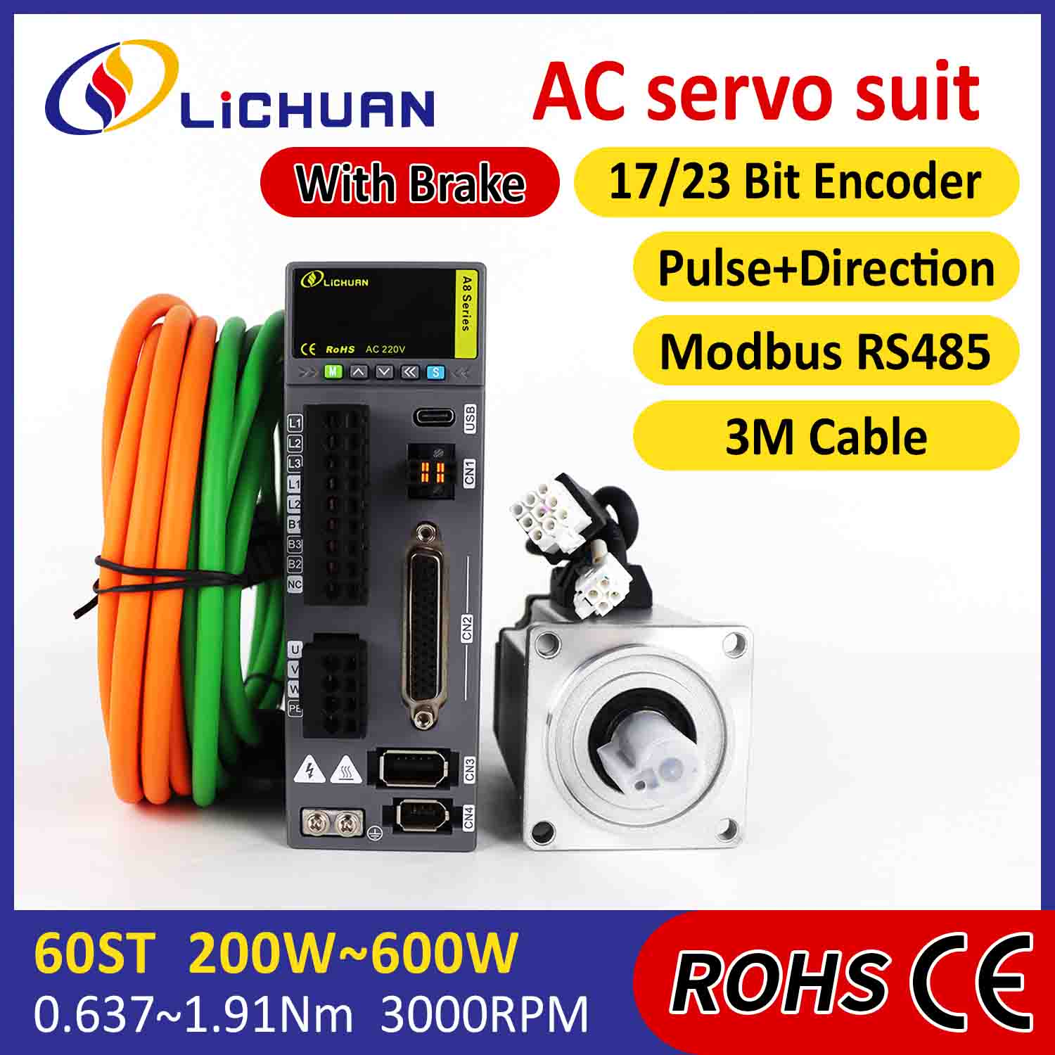 Lichuan AC Servo Motor Drivers Kit A8 Alta Precisión STO ABZ 200W 0.637N.m 220V 1.6A 3000RPM IP65