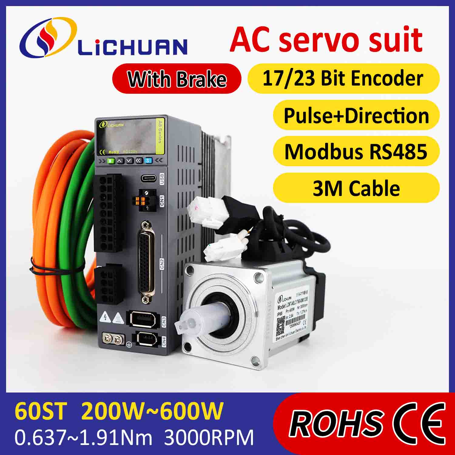 Lichuan AC Servo Motor Drivers Kit A8 Alta Precisión STO ABZ 400W 1.27N.m 220V 2.5A 3000RPM IP65