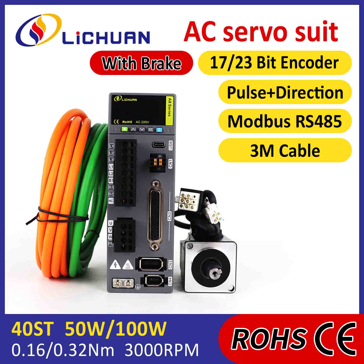 Lichuan AC Servo Motor Drivers Kit A8 Alta Precisión STO ABZ 50W 0.16N.m 220V 0.8A 3000RPM IP65