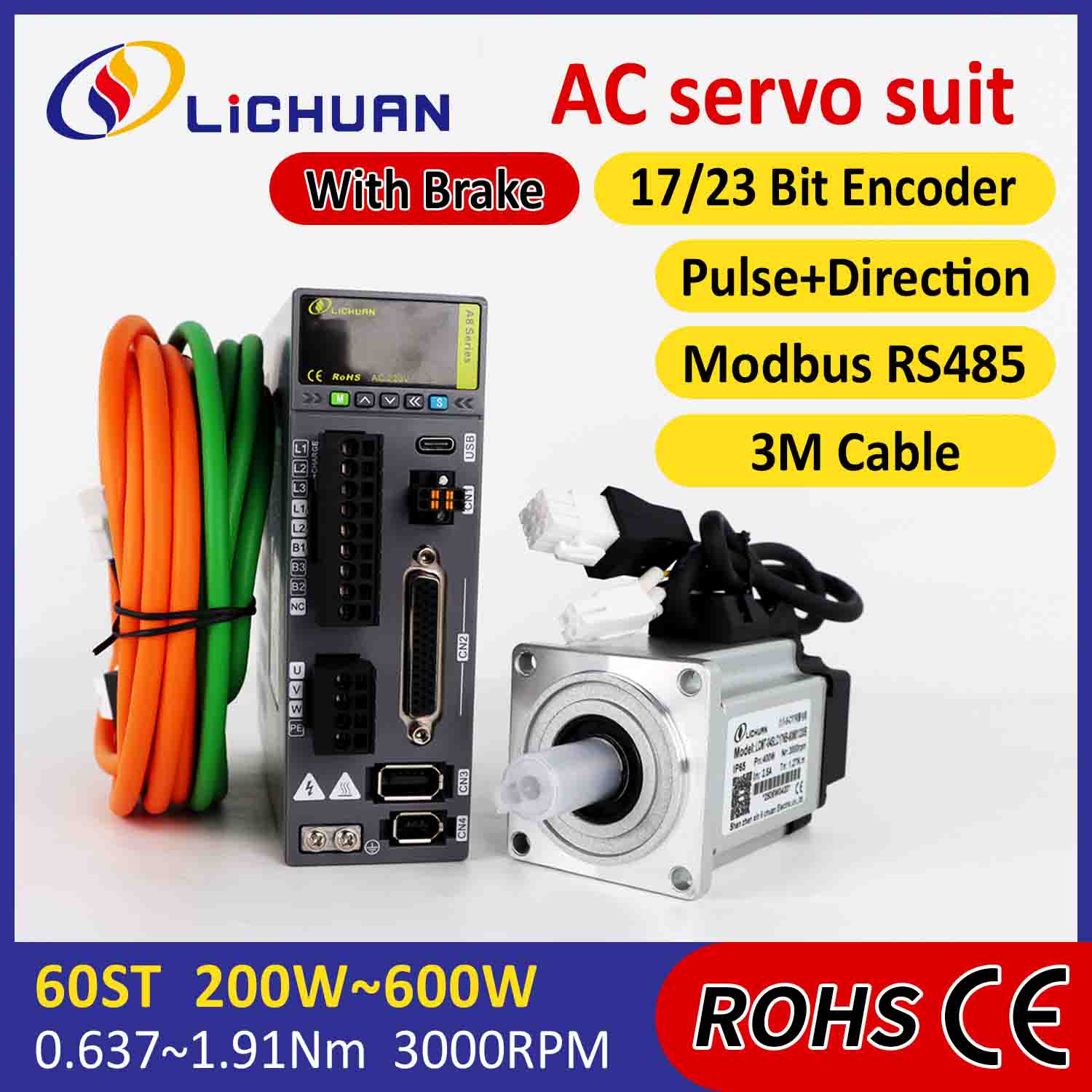Lichuan AC Servo Motor Drivers Kit A8 Alta Precisión STO ABZ 600W 1.91N.m 220V 3.3A 3000RPM IP65