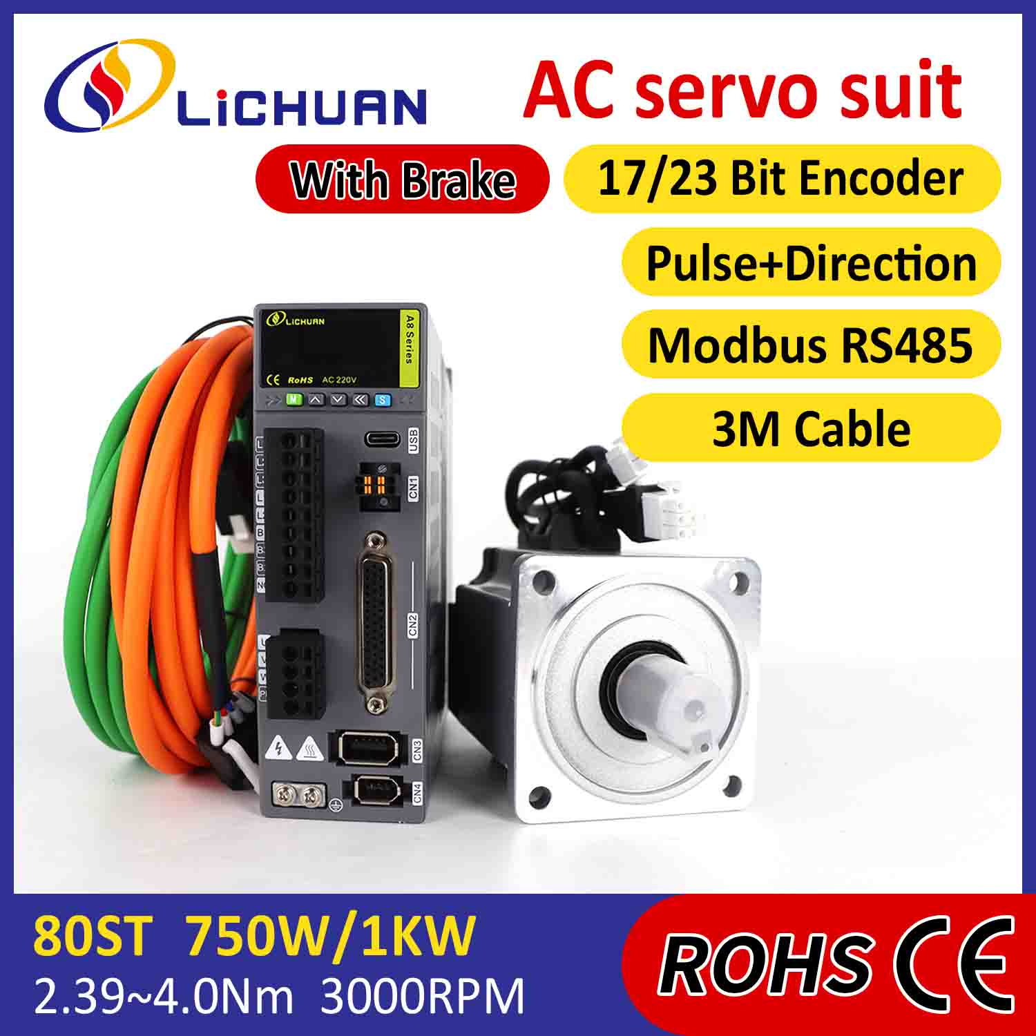 Lichuan AC Servo Motor Drivers Kit A8 Alta Precisión STO ABZ 750W 0.75KW 2.39N.m 220V 4.5A 2500/3000RPM IP65