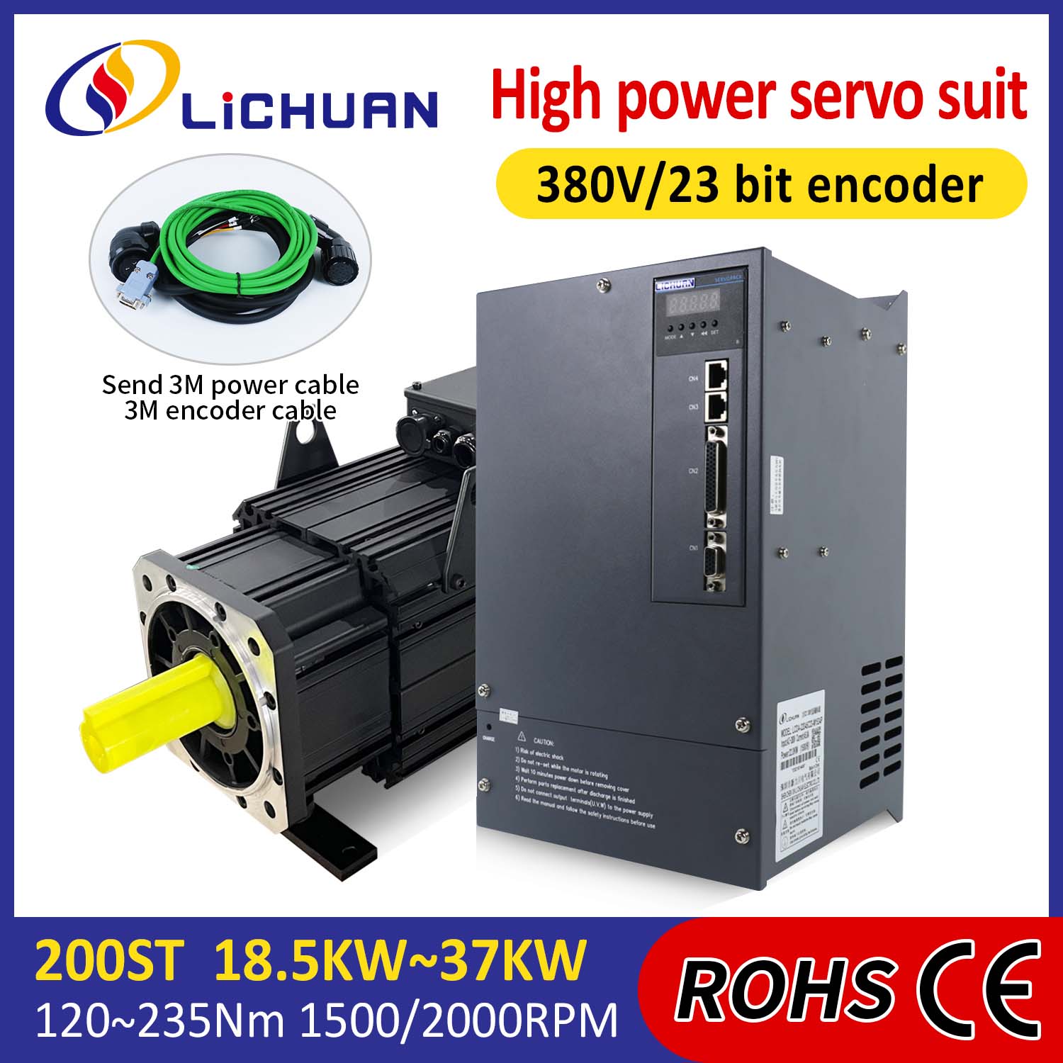 Lichuan AC Servo Motor Drivers Kit ALTA POTENCIA 140N.m 22KW AC380V 44.7A 1500/2000RPM IP65
