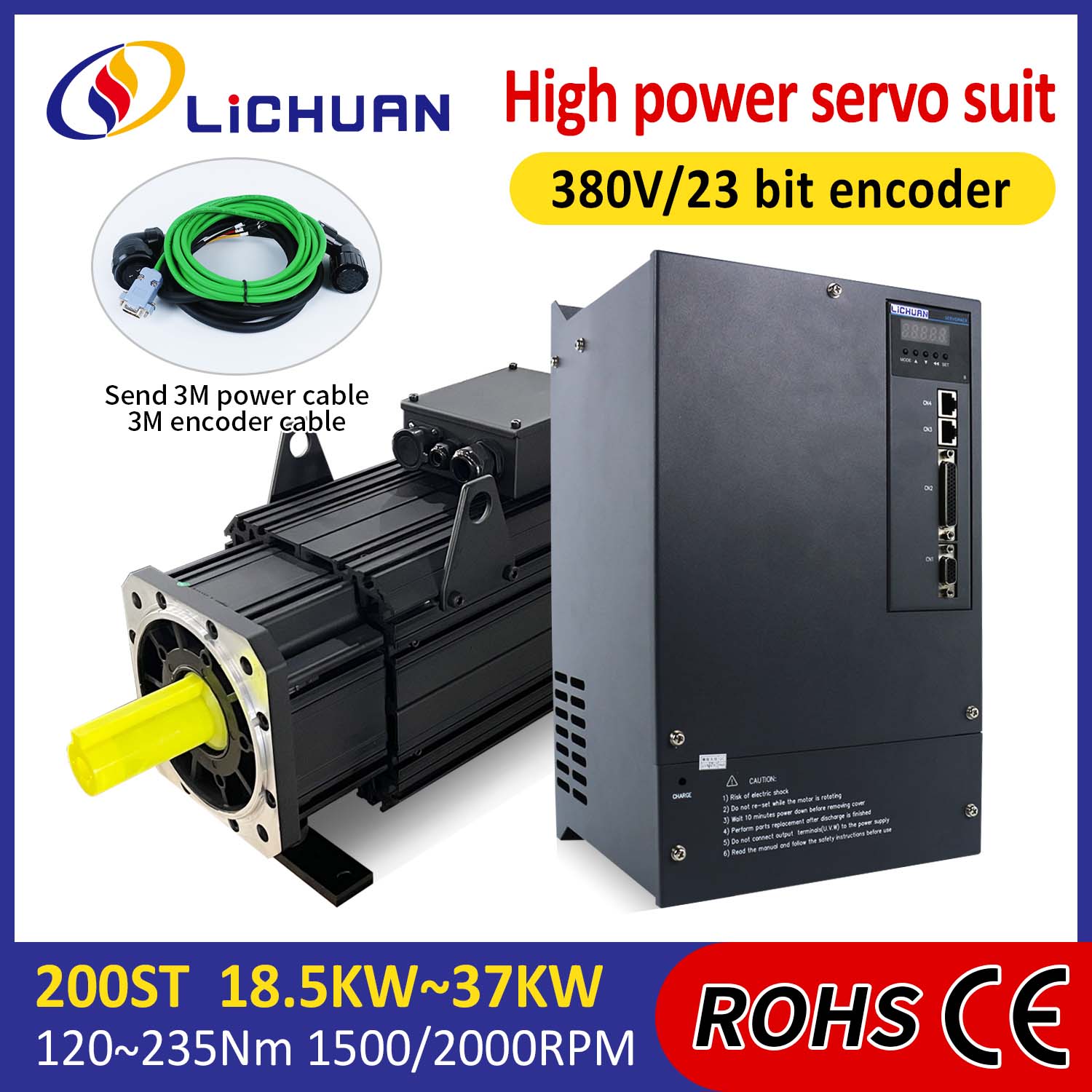 Lichuan AC Servo Motor Drivers Kit ALTA POTENCIA 191N.m 30KW AC380V 52A 1500/2000RPM IP65
