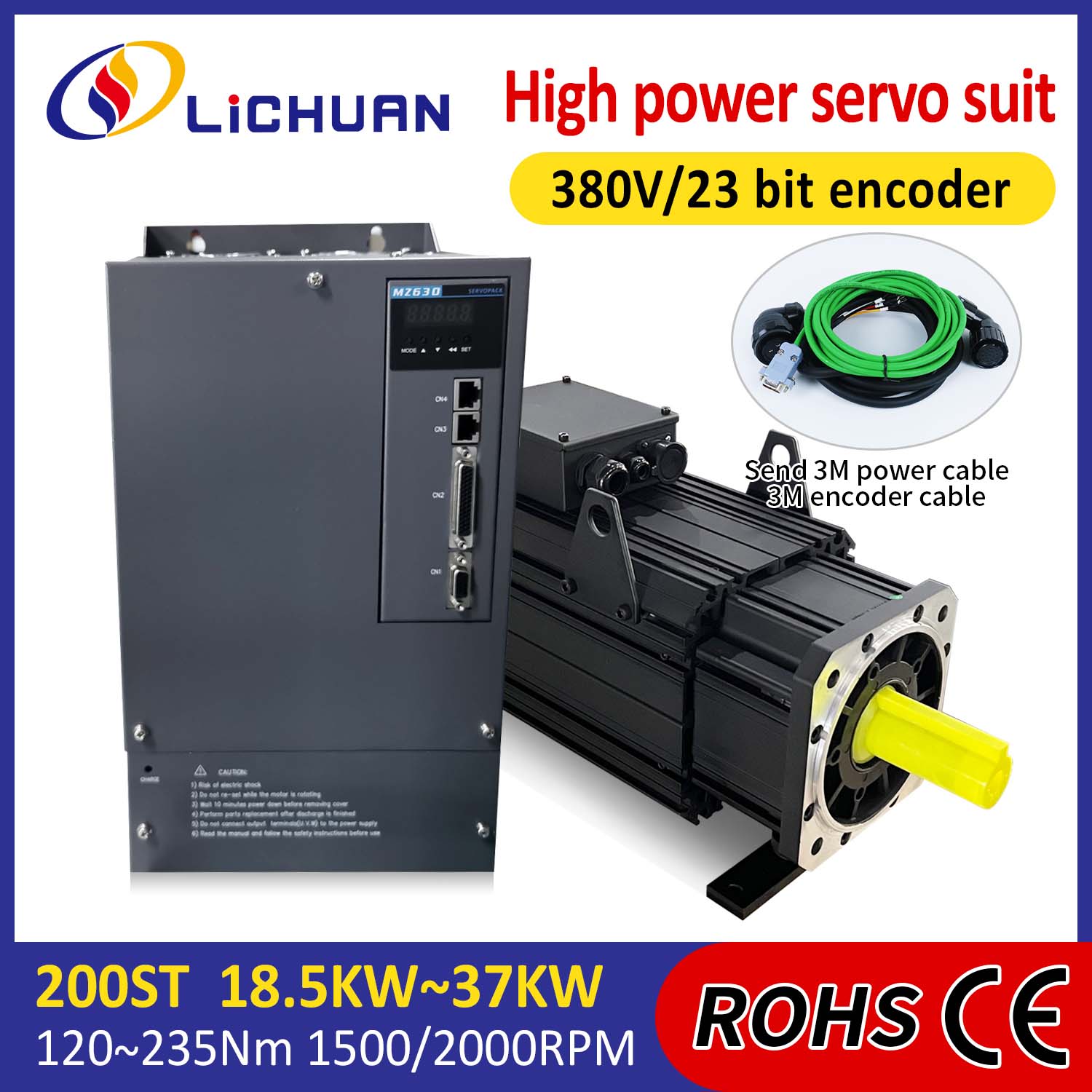 Lichuan AC Servo Motor Drivers Kit ALTA POTENCIA 88N.m 18.5KW AC380V 31.6A 1500/2000RPM IP65