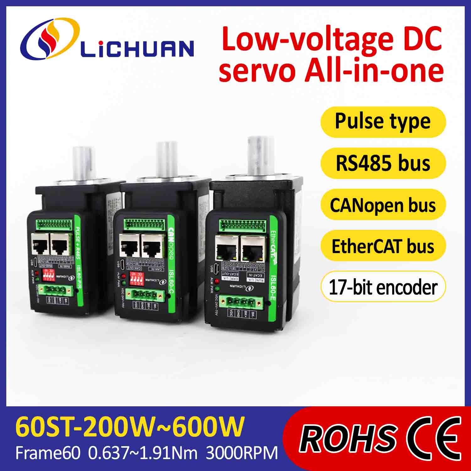 Lichuan integró el controlador de servomotores en forma de L 400W 1.27N.m DC24/48V 6.0/10/12/15A 3000RPM IP65