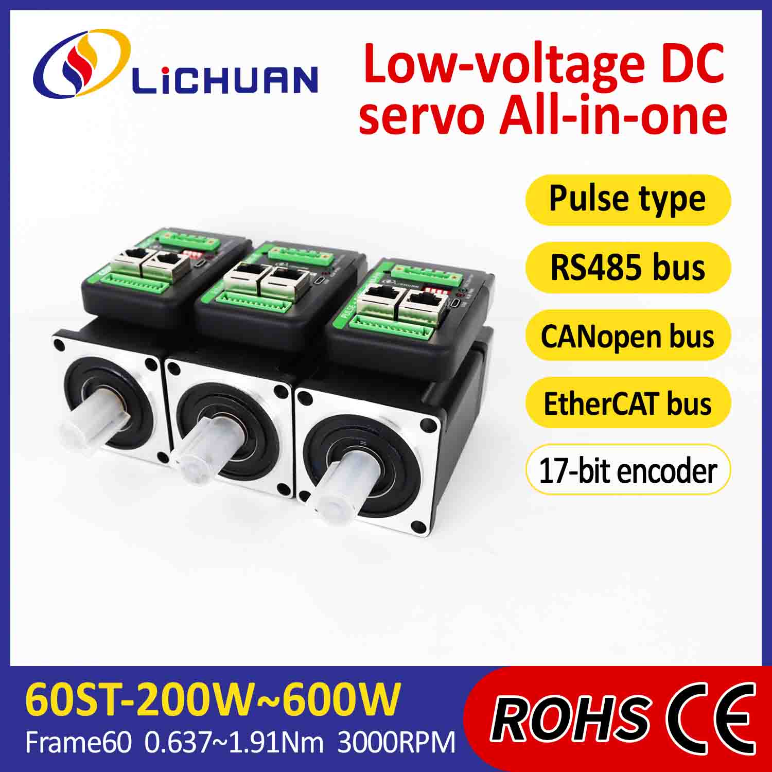 Lichuan integró el controlador de servomotores en forma de L 600W 1.91N.m DC24/48V 6.0/10/12/15A 3000RPM IP65