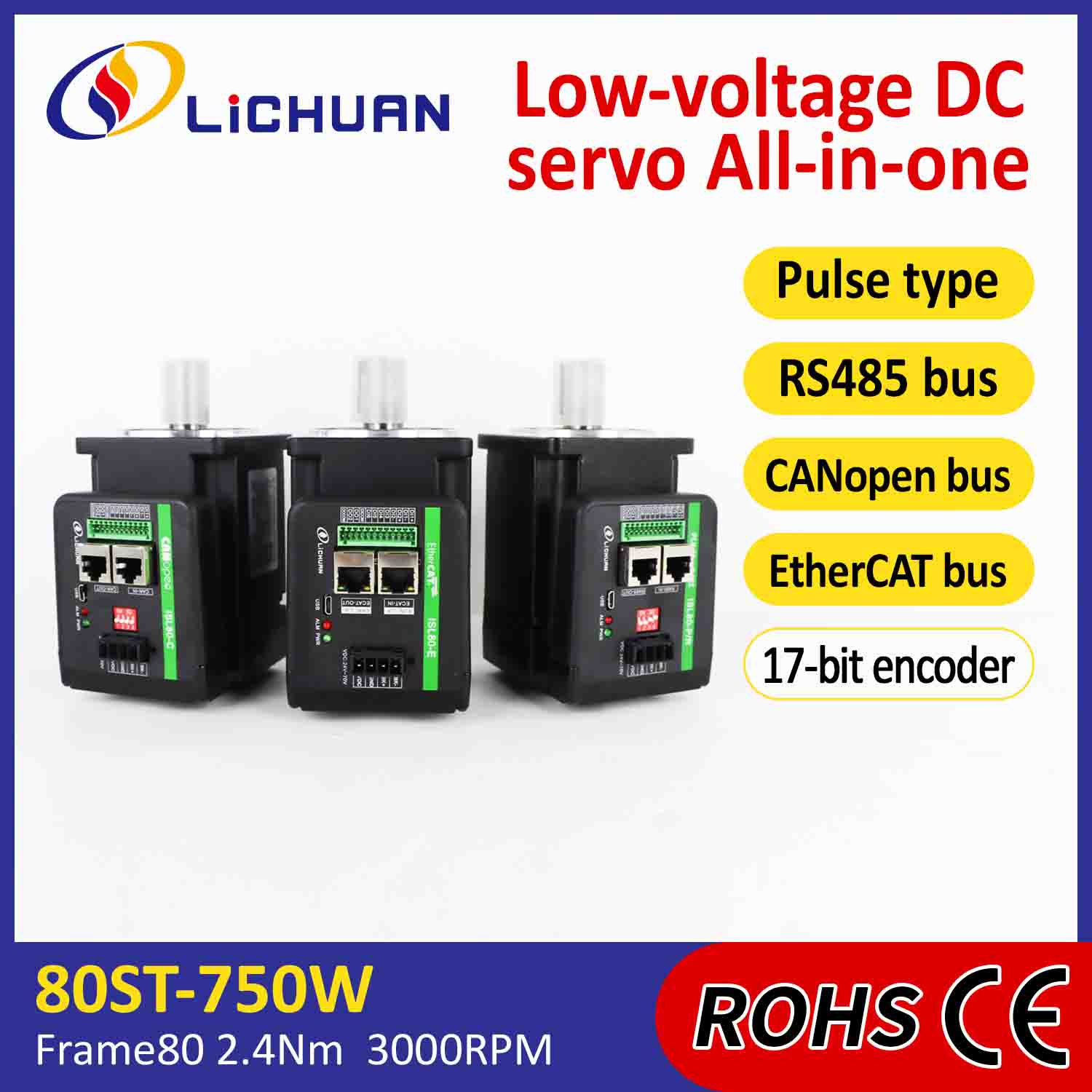 Controlador de servomotores integrado Lichuan en forma de L 750W 2.4N.m DC48V 20A 3000RPM IP65