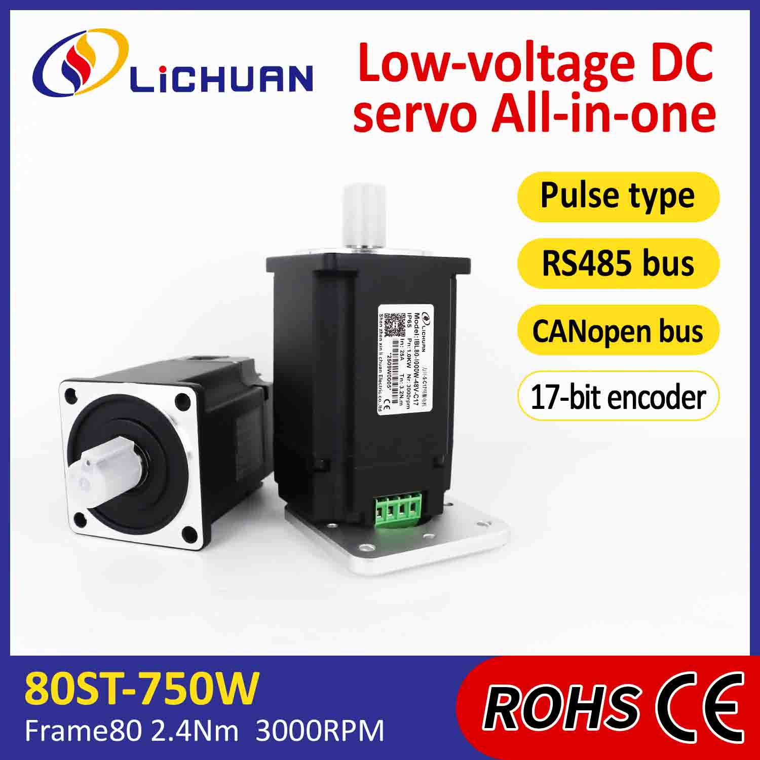 Lichuan servomotores integrados controlador de pulso/RS485/CANopen Control 1000W 3.2N.m DC48V 20/25A 3000RPM IP65