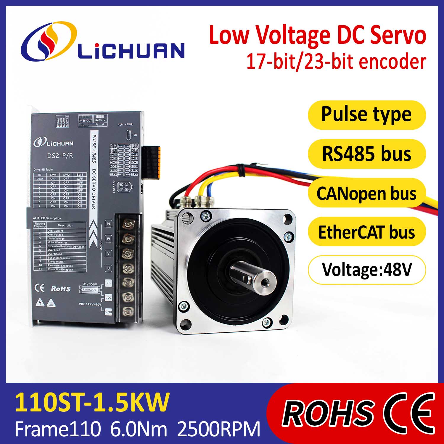 Pulse/RS485/CANopen/EtherCAT 110 BRIDA 1.5KW/1500W Kit de controladores de servomotor CC de bajo voltaje