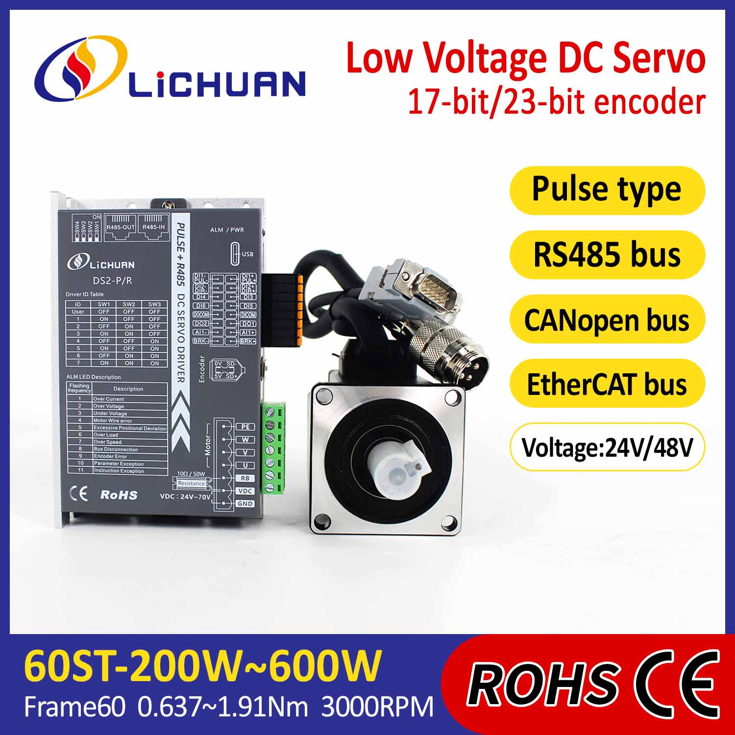 Kit de controladores de servomotor CC de bajo voltaje Pulse/RS485/CANopen/EtherCAT 60 con bridas 200W/400W/600W