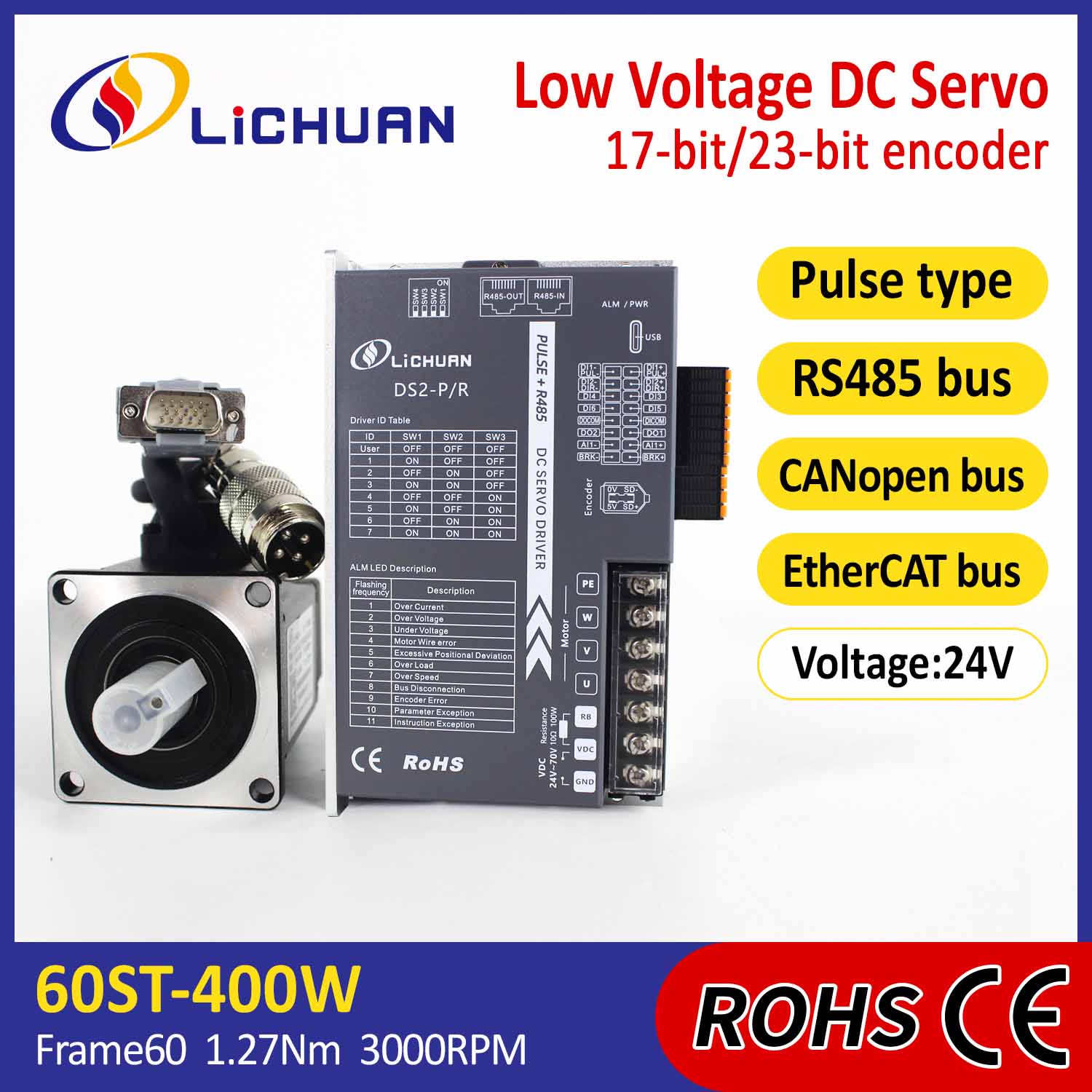 Kit de controladores de servomotor CC de bajo voltaje Pulse/RS485/CANopen/EtherCAT 60 con bridas de 400 W